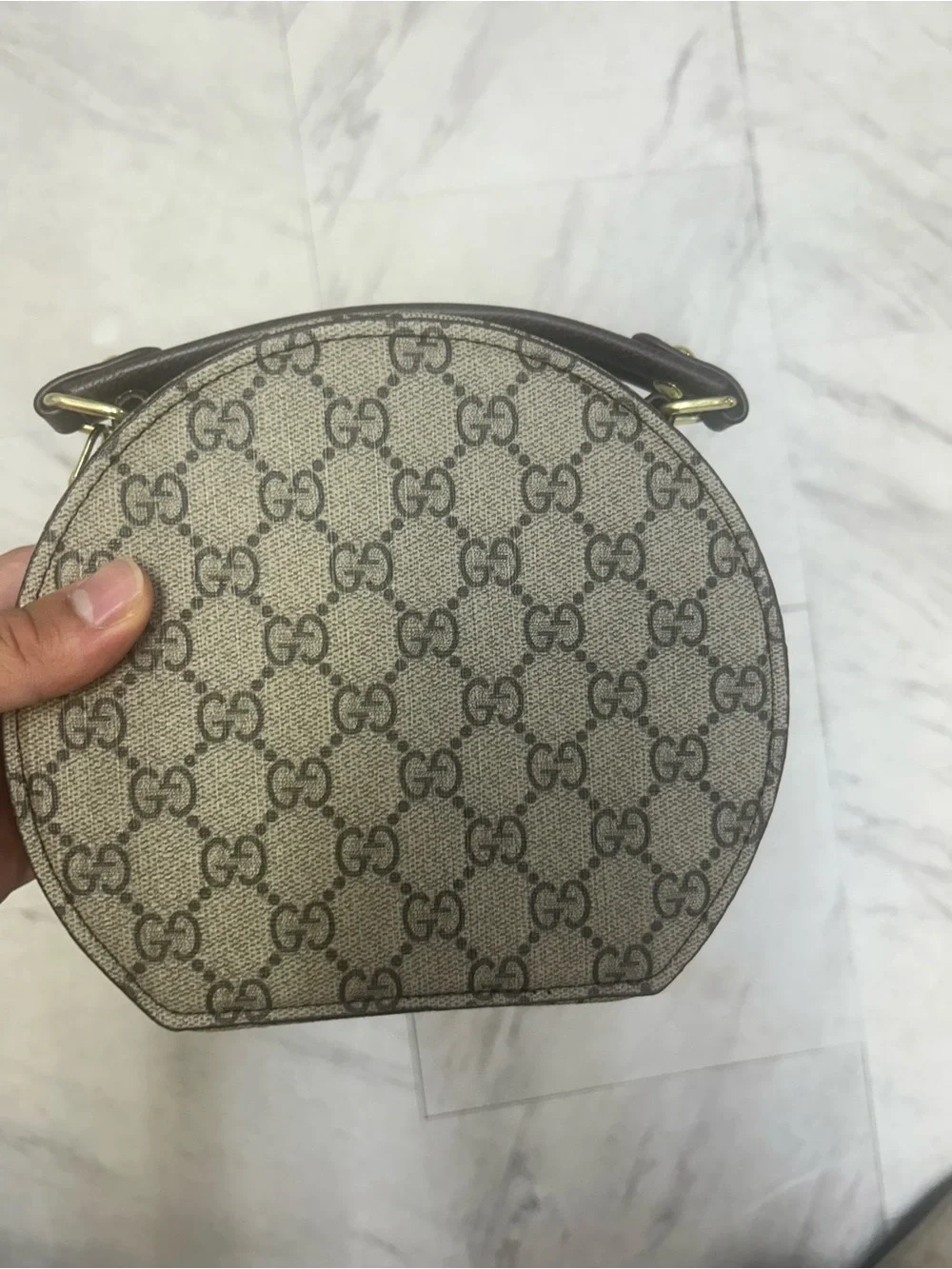 Gucci Brown GG Supreme Round Belt Bag with Green and Red Web